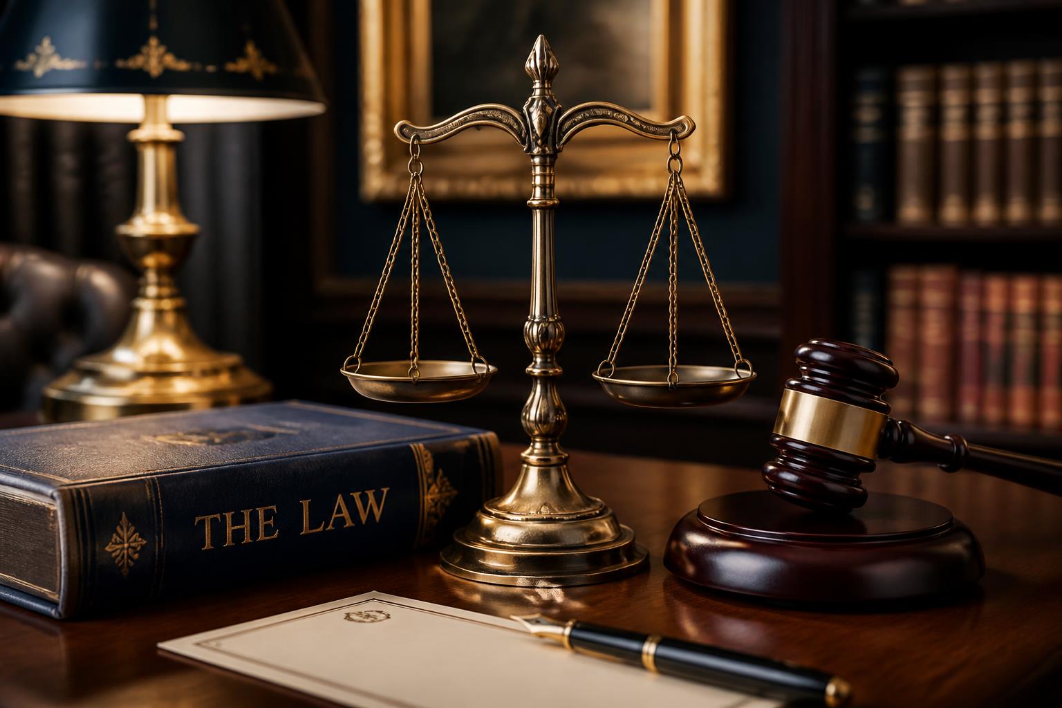 Brass scales of justice, leather law book, and wooden gavel on an attorney's desk